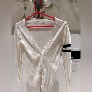 Preppy white cardigan with navy blue stripes